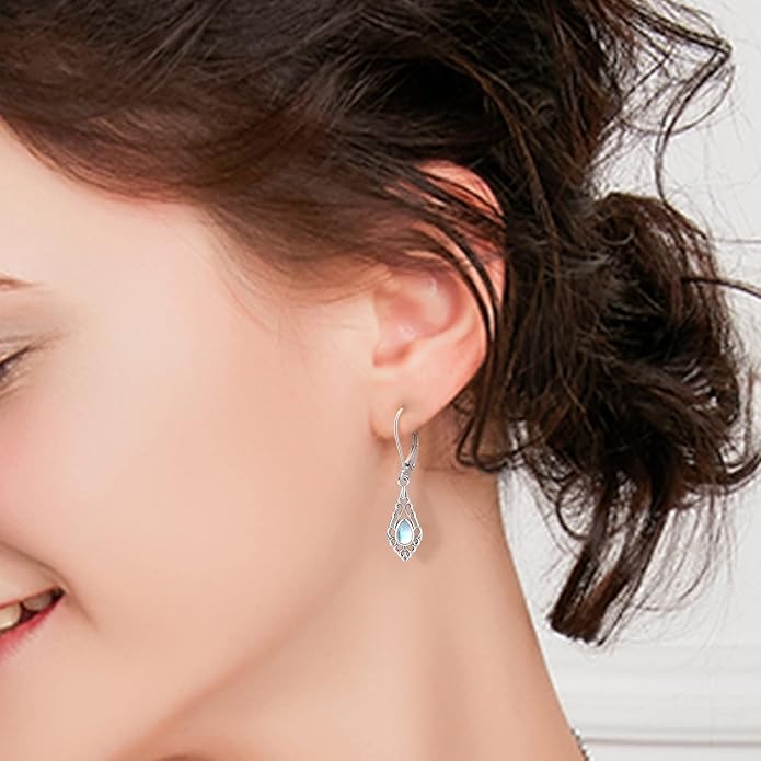 Dangle Earrings Sterling Silver Moonstone/Turquoise/CZ/Crystal Earrings for Women Tree of Life Animal Filigree Leverback Earrings Jewelry Gifts