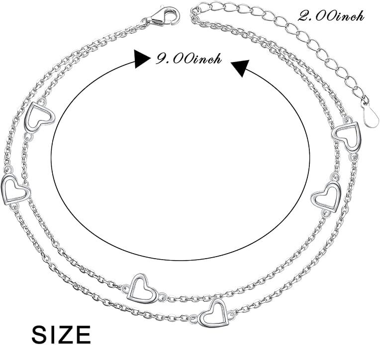 Flyow Anklet for Women S925 Sterling Silver Adjustable Foot Beaded Heart Charm Ankle Bracelet Anklets Jewelry