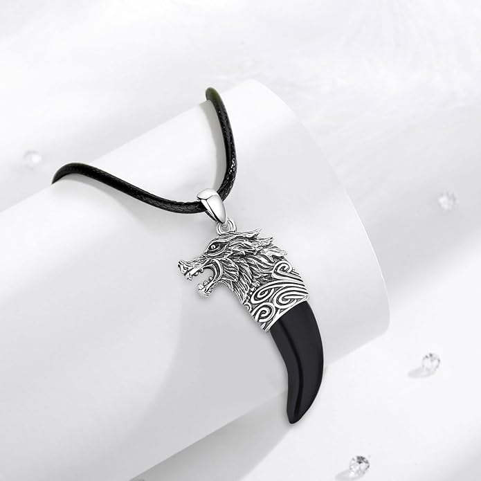 925 Sterling Silver Viking Wolf Mjolnir Necklace for Men Women, Viking Runes Wolf Tooth Witch Celtic Knot Amulet Protection Pendant Nordic Norse Mythology Jewelry Gift for Men Women