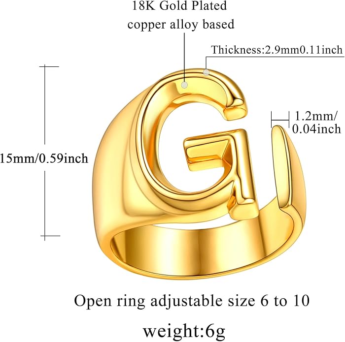 FindChic Customizable Initial Ring Statement 18K Gold Plated Fashion Cuff Rings for Women Alphabet Letter A to Z Resizable Knuckle Ring (with Gift Box)