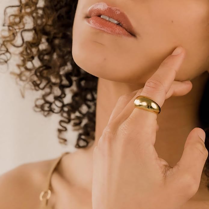 NOKMIT Chunky Dome Rings for Women Dainty 14K Gold Silver Tone Cute Bold Dome Statement Ring Thick Minimalist Thumb Band High Polished Smooth Comfort Fit Size 5-10