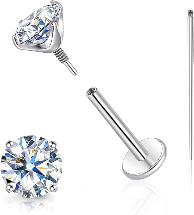 Limerencia Moissanite Internal Thread 18G Titanium Earrings, Hypoallergenic F136 Titanium Flat Back Piercing Studs, VVS1 Lab-created Moissanite Studs for Women Men Tragus Helix Cartilage Conch Labret