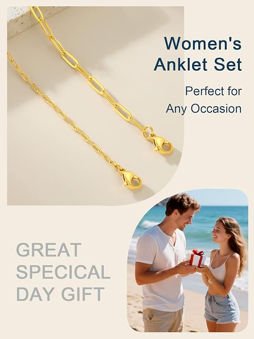 ChainsPro Stainless Steel Waterproof Anklet for Women, Adjustable Non Tarnish Layered Anklets, Trendy Dainty Cuban Link Ankle Bracelet Beach Jewelry Gifts for Swimming & Daily Wear (8.5+2 inches)