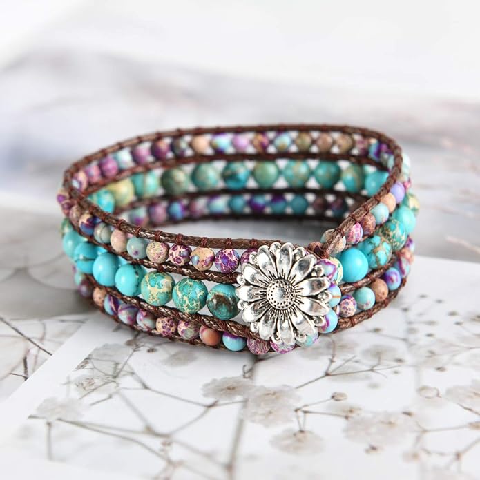 YGLINE Boho Handmade Natural Stone Bead 3 Row Wide Wrap Wrist Statment Bracelet Jewelry Collection