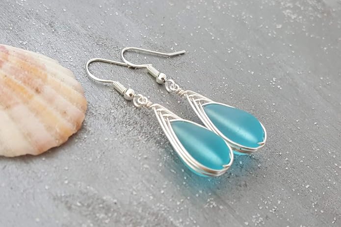 Handmade Sea Glass Earrings, Hawaiian Jewelry, Wire Braided Earrings Teardrop Earrings, Beach Jewelry Sea Glass Jewelry For Women Birthday Gift