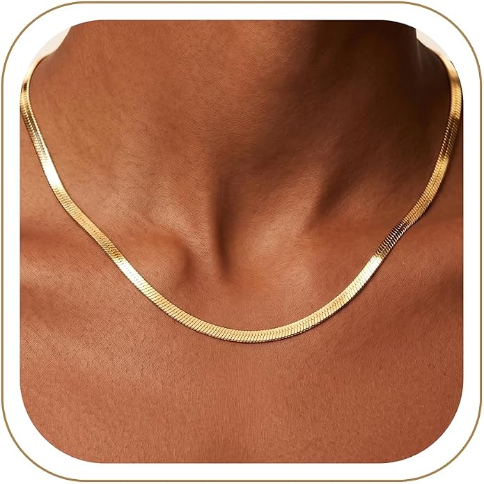WomenGifts 14K Gold Silver Plated Herringbone Necklace for Women, Dainty Snake Chain Choker, Trendy Simple Long Layered Jewelry Non Tarnish, 3/4/5/8mm,14,16,18,20,22,24,26 Inch Thin & Chunky Options
