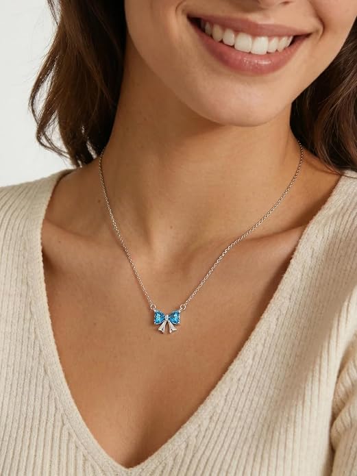 ChicSilver Bow and Cat Birthstone Necklace, 925 Sterling Silver Pendant Necklaces for Women, Hypoallergenic Silver Choker with 16 inch Rolo Chain, 12 Months Jewelry for Valentines Mothers Day Christmas