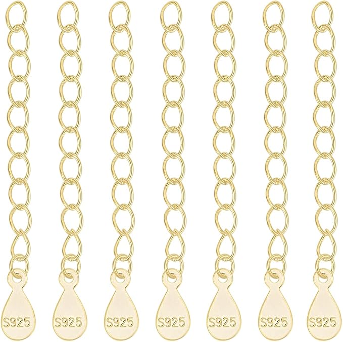 Beebeecraft 1 Box 10Pcs Necklace Chain Extender 18K Gold Plated Sterling Silver Bracelet Extension End Chains Curb Links with Teardrop Tabs S925 Stamp for Jewellery Making Findings DIY Crafts Supplies