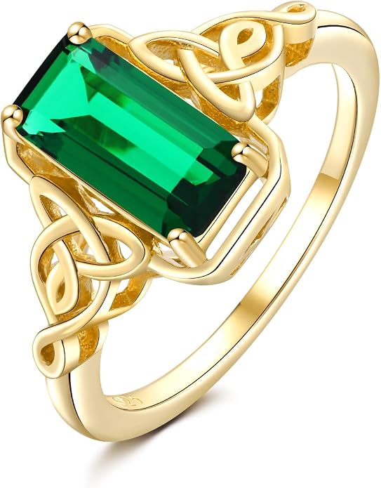 DAYBYDAY Celtic Birthstone Rings for Women, 925 Sterling Silver/18K Gold Plated Emerald Cut Celtic Knot Engagement Wedding Ring, Square Created Gemstone Promise Rings for Her Size 6-10