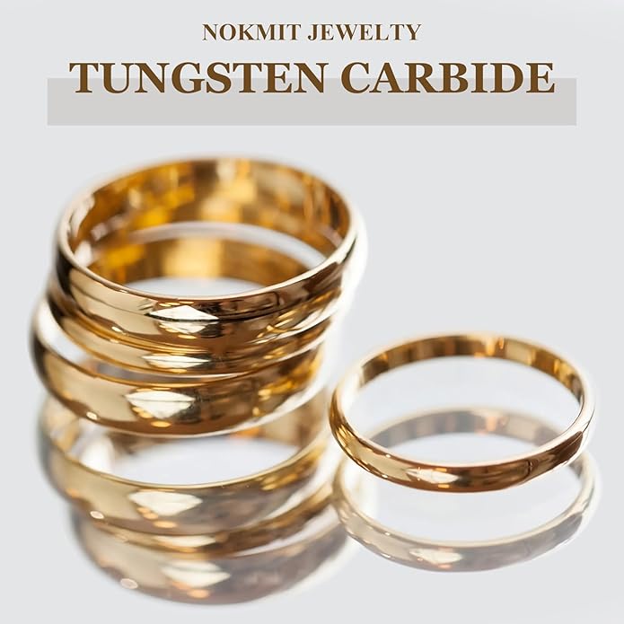 NOKMIT 2mm 4mm 6mm Gold Wedding Bands for Women Men Dainty Gold Silver Tungsten Cigar Band Rings Thumb Pinky Ring High Polish Non Tarnish Comfort Fit Size 4-12
