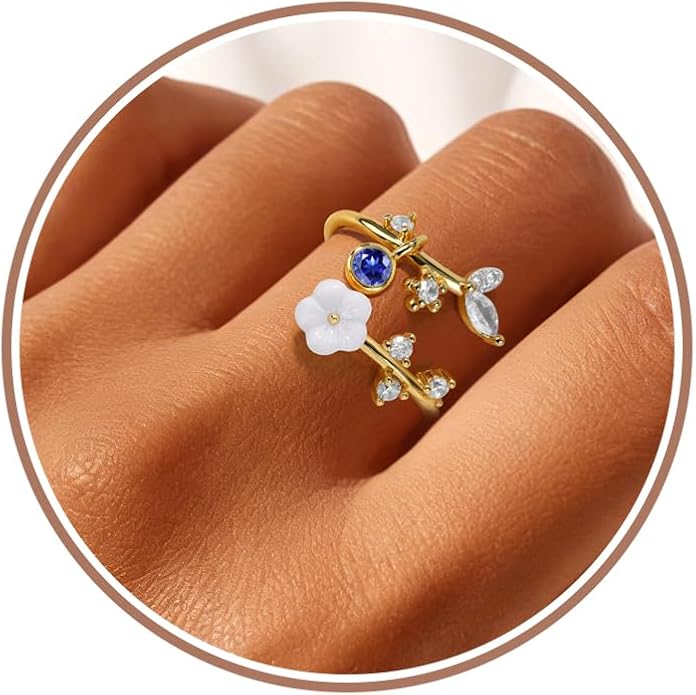 Gold Birthstone Rings for Women Non Tarnish Fashion Stackable Dainty 14KGold PlatedSilver/Rose Adjustable Emerald Green Ring Cubic Zirconia Gemstone Cute Pearl Shell Flower Promise Ring Engagement Birthday Gifts