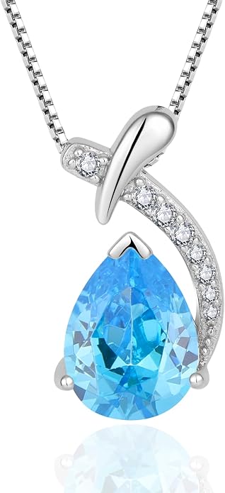 Teardrop Birthstone Necklace for Women,925 Sterling Silver Pear Cut Zircon Gemstone Pendant Necklace for Birthday Engagement Anniversary Wedding Jewelry