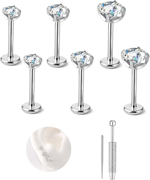 3Pairs Moissanite Earrings G23 Implant Grade Titanium Earrings for women Men, Flat Back Earrings Hypoallergenic Internal Thread Tragus lip nose Piercing Jewelry 18G 6/8MM Post with tool Round/Princess Cut Certified 3-5MM