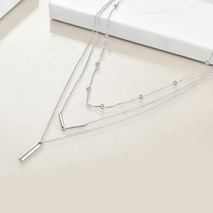 MONGAS Boho Layered Necklace Sterling Silver Triple 3 Stacked Vertical Bar Triangle Long Layering Necklaces Christmas Jewelry Gifts for Women