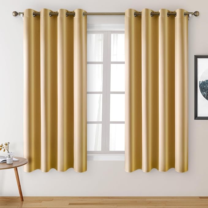 HOMEIDEAS 2 Panels Faux Silk Curtains for Living Room Gold Blackout Luxury Curtains, 52 X 63 Inch Room Darkening Thermal Insulated Christmas Window Drapes for Living Room, Bedroom Decor