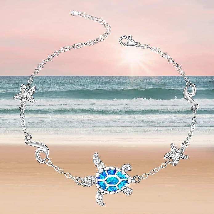 Sea Turtle Ankle Bracelets for Women Blue Opal Sterling Silver Beach Starfish Octopus Conch Ocean Anklets Jewelry Gifts