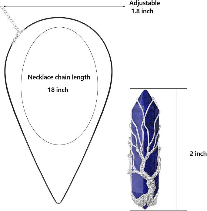 VIBILIA Healing Crystal Necklace Tree of Life Wire Wrapped Natural Stone Point Pendant Necklace Hexagonal Reiki Spiritual Quartz Gemstone Jewelry for Women Men