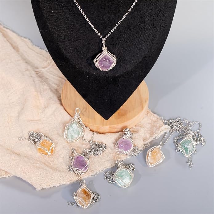 YGLINE Natural Raw Stone Healing Crystal Necklace Wire Wrapped Pendant for Womens Ladies