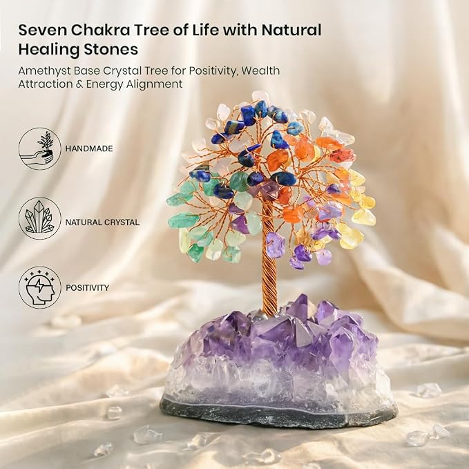 Crocon® 7 Chakra Crystals Tree of Life with Amethyst Cluster Base, Gift for Women Men Birthday Gifts MoM, Money Tree Feng Shui Good Luck Healing Crystals Home Decor Crystals and Healing Stones
