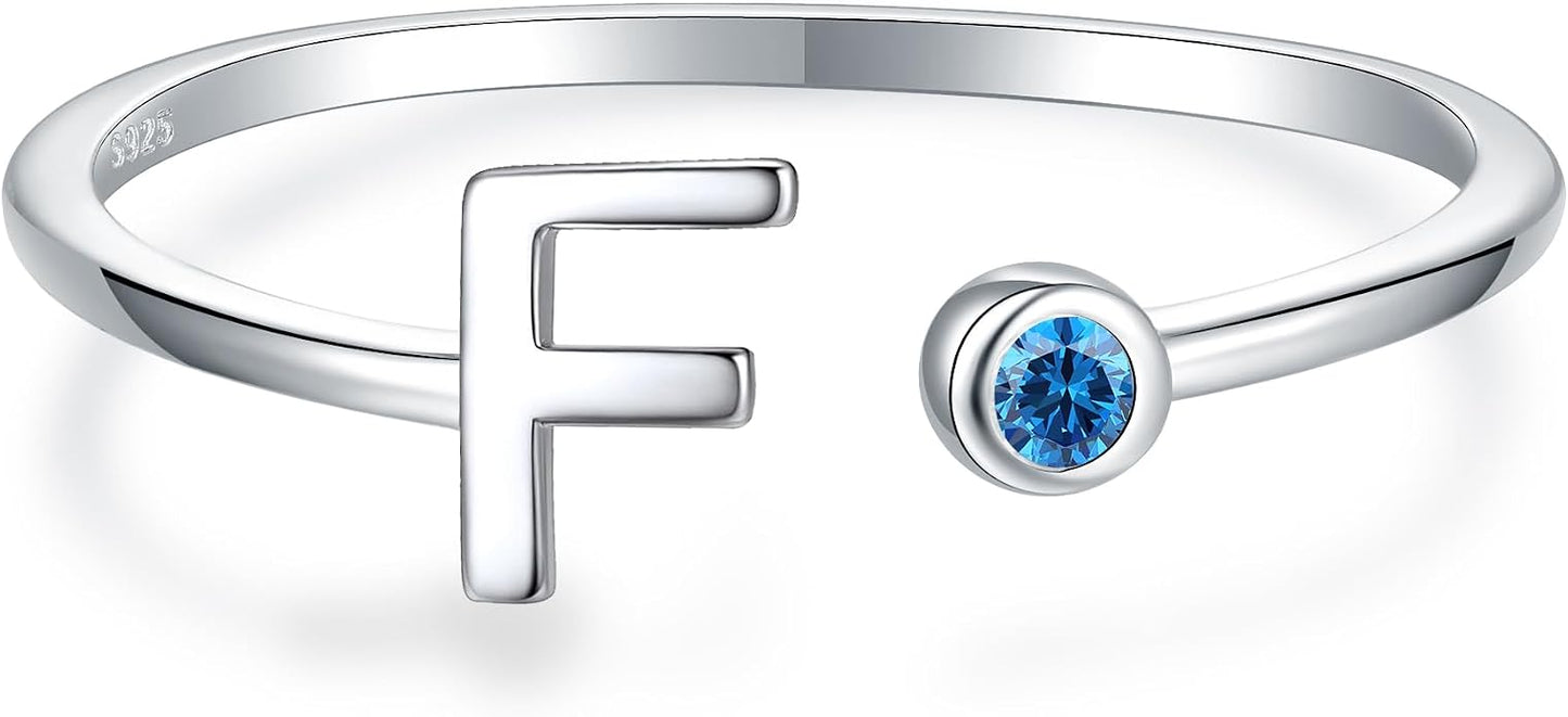 925 Sterling Silver Initial Letter Birthstone Rings for Women Adjustable 1-12 Month Birthstone Alphabet Stacking Ring for Teens Girls Stackable Birthstone Rings Birthday Jewelry Gift for Daughter Mom