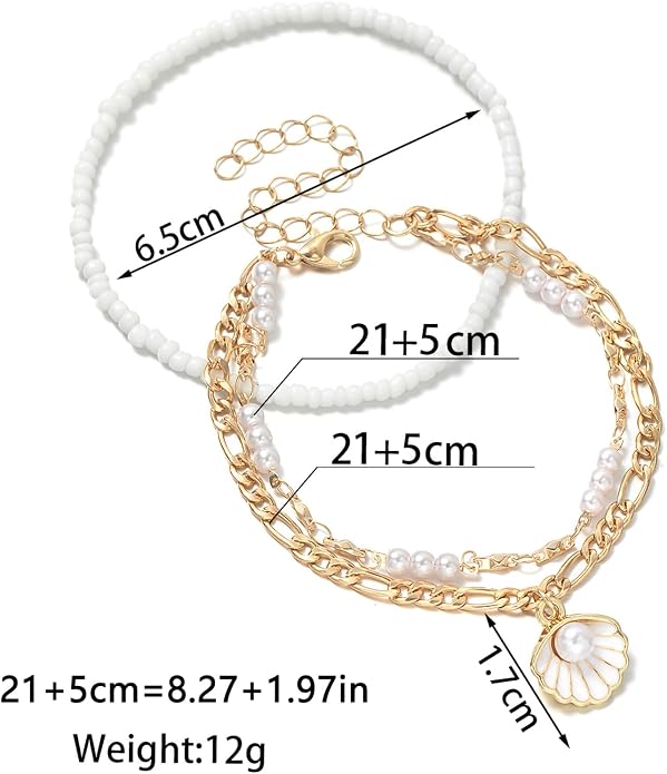 Qceasiy Bead Ankle Bracelets Set For Women, Adjustable Gold Plated Boho Shell Anklet, Hawaiian Beach Seashell Pearl Disc Starfish Conch Foot Jewelry, Summer Fashion Gifts