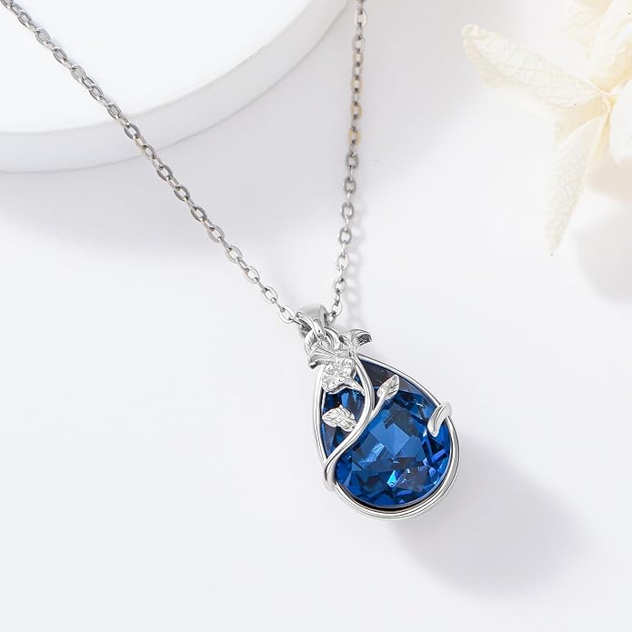 925 Sterling Silver Birth Flower Necklace with Teardrop Shaped Birthstone - 12 Colors, 12 Kinds of Flower - Ideal Birthday Jewelry Gift for Women, Mothers, Daughters & Wives