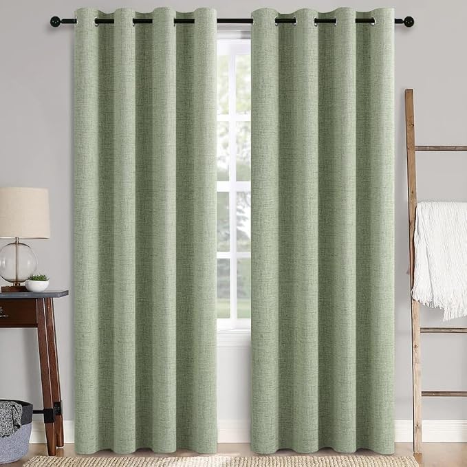 MIULEE Linen Texture 90 Inches Curtains for Bedroom 100% Blackout Thermal Insulated Sage Green Curtains Grommet Room Darkening Curtains/Draperies for Living Room 52x90 Inch (2 Panels)