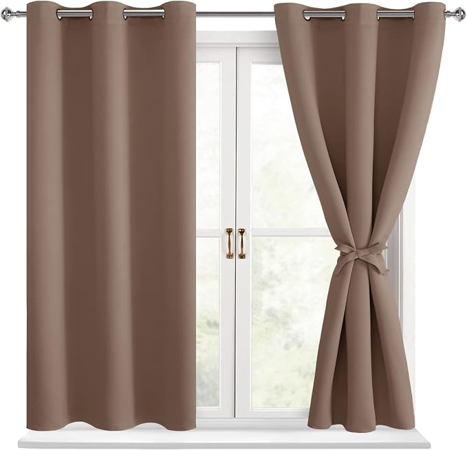 Hiasan Short Blackout Curtains for Bedroom - Thermal Insulated & Light Blocking Window Curtains for Living Room, 2 Drape Panels Sewn with Tiebacks, Cappuccino, 38 x 45 Inch