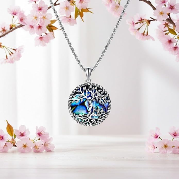 Tree of Life Necklace 18K White Gold Plated Tree of Life Abalone Shell/Crystal Pendant Necklace Family Tree Jewelry Gifts for Women Mothers Day Gifts