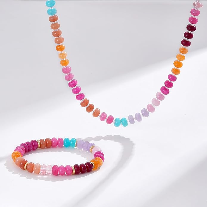 KELORIS PATH Beaded Gemstone Necklaces for Women, Boho Colorful Bead Choker Necklace, Natural Stone Handmade Summer Jewelry for Beach