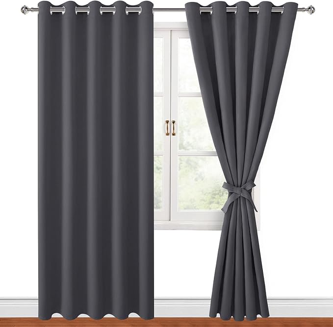 Hiasan Blackout Curtains for Bedroom, 60 x 84 Inches Long - Thermal Insulated & Light Blocking Window Curtains for Living Room, 2 Drape Panels Sewn with Tiebacks, Dark Grey