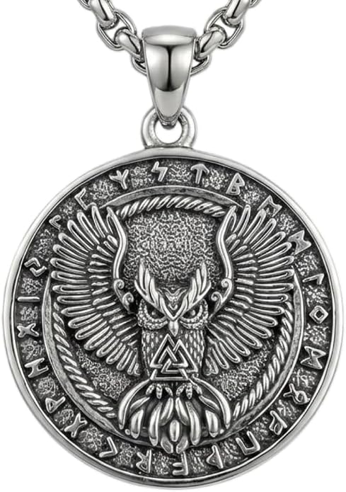 CRMAD Viking Owl/Raven Necklace Vintage Animal Totem Pendant Rune of Lune Jewelry Gift for Men and Women 24 in Chain