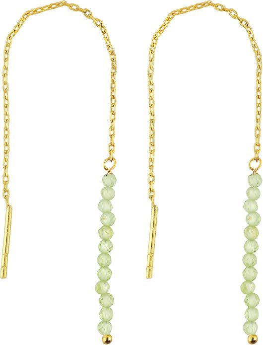 Natural Gemstone Threader Earrings for Women - Dainty 2mm Faceted Beads - Birthstone Crystal Drop Earrings - Silver Plated Healing Jewelry