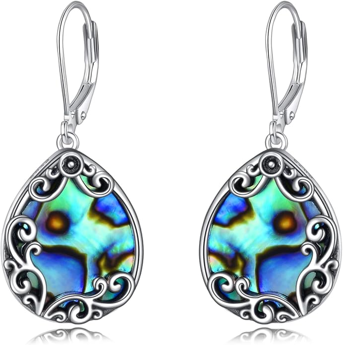 Filigree Earrings Sterling Silver Celtic Teardrop Drop Dangle Earrings Abalone Shell Bohemian Jewelry for Women
