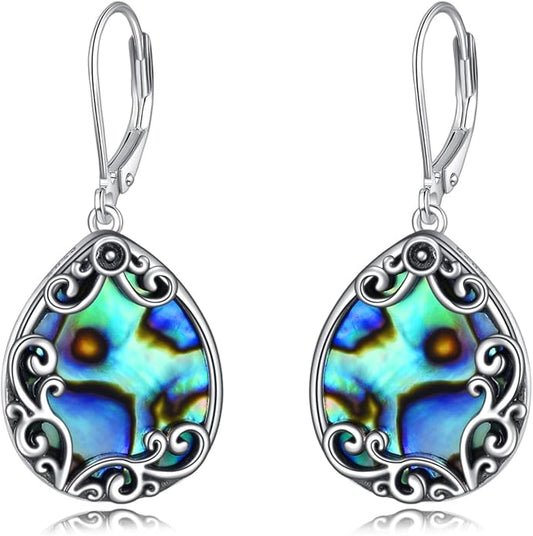 Filigree Earrings Sterling Silver Celtic Teardrop Drop Dangle Earrings Abalone Shell Bohemian Jewelry for Women