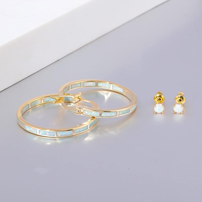 CiNily Opal Hoop Earrings,Women Jewelry Rhodium Plated/Rose Gold or Yellow Gold Plated Gemstone Big Hoop Earrings 32mm
