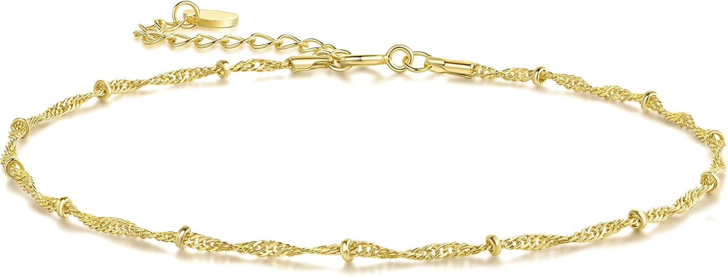 14K Gold Anklets for Women Gold Ankle Bracelets for Women Beaded Anklet for Womens Ankle Bracelet Water Wave-Inspired Design with Beads Twisted Anklets for Womens 9.4'' to 11''