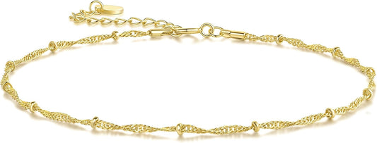 14K Gold Anklets for Women Gold Ankle Bracelets for Women Beaded Anklet for Womens Ankle Bracelet Water Wave-Inspired Design with Beads Twisted Anklets for Womens 9.4'' to 11''
