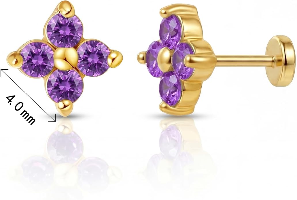 FANSING Short Threadless Cartilage Earring Stackable CZ Birthstone Flat Back Earrings for Women Small Stud Earrings for Tragus Helix Earlobe 18K Gold Plated ‌Rainbow 5.0mm