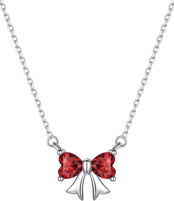 ChicSilver Bow and Cat Birthstone Necklace, 925 Sterling Silver Pendant Necklaces for Women, Hypoallergenic Silver Choker with 16 inch Rolo Chain, 12 Months Jewelry for Valentines Mothers Day Christmas