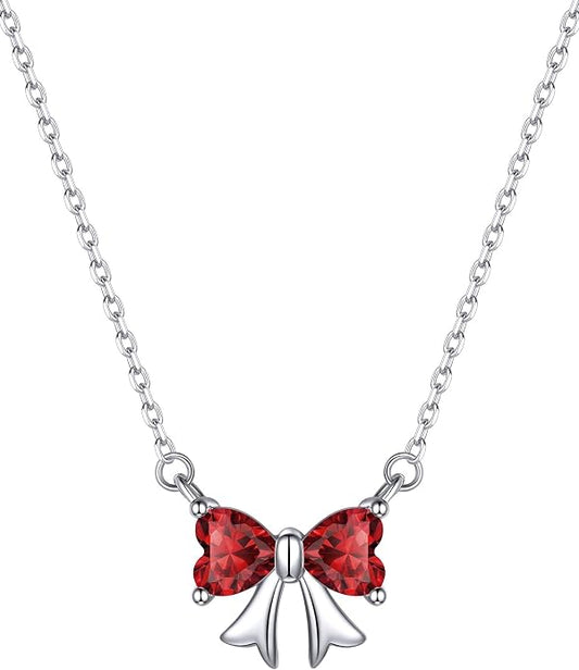 ChicSilver Bow and Cat Birthstone Necklace, 925 Sterling Silver Pendant Necklaces for Women, Hypoallergenic Silver Choker with 16 inch Rolo Chain, 12 Months Jewelry for Valentines Mothers Day Christmas