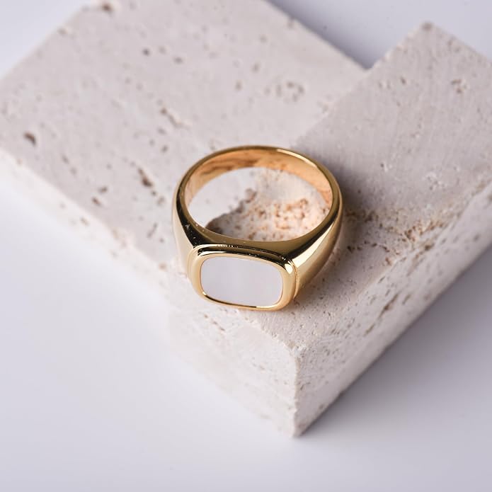 18K Gold Plated Women's Starburst Signet Ring - Minimalist Mother of Pearl Statement Piece
