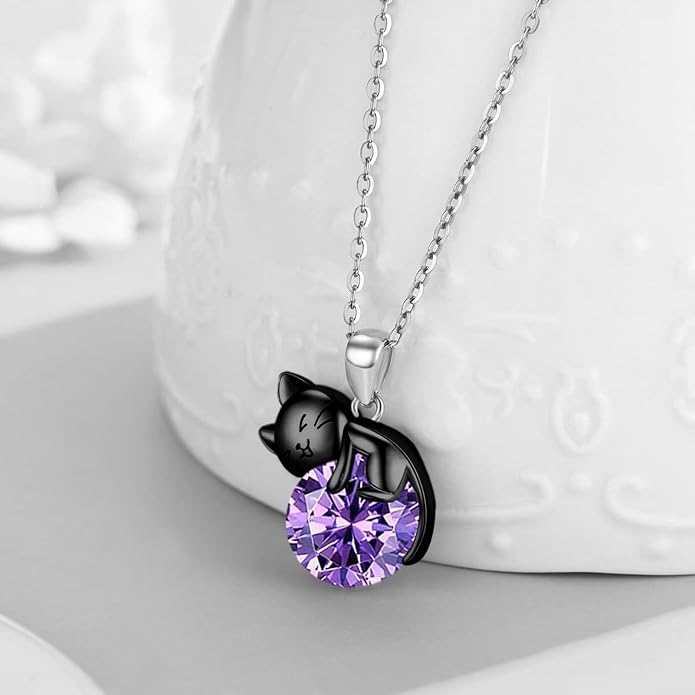 Cat Necklace Sterling Silver Cat Zircon Pendant Gothic Jewelry for Women Animal Lovers Gifts
