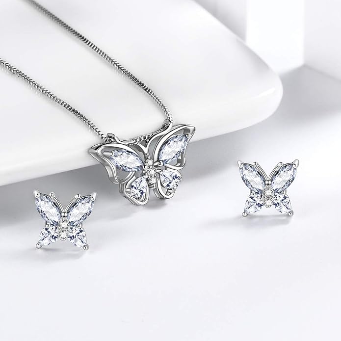 Aurora Tears Butterfly Jewelry,Women 925 Sterling Silver Butterflies Birthstone Pendant Necklace/Earrings/Rings Wedding Gift