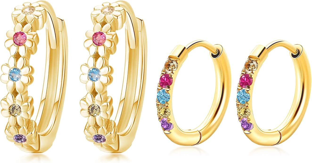 CiNily Small Hoop Earrings for Women Girls Flower Cubic Zirconia Huggie Earrings Hypoallergenic 14K Yellow Gold Plated Cartilage Earrings