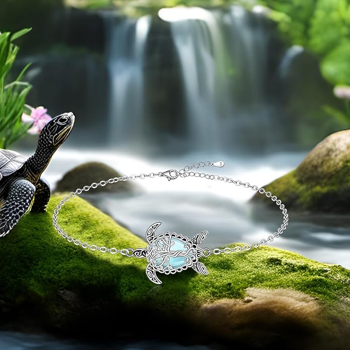 Fenthring Turtle Anklet S925 Sterling Silver Blue Opal Sea Turtle Ankle Bracelets for Women Infinity Wave Ocean Beach Summer Foot Bracelet Jewelry Layered Adjustable
