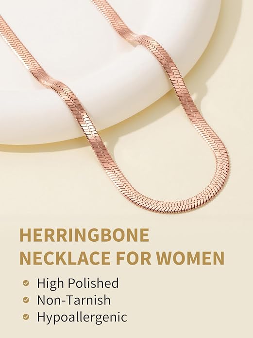 FindChic Black/14K Gold Plated Herringbone Choker Chain Necklace for Women | Waterproof Stainless Steel, Dainty Layering, Flat Snake Chain, Non-Tarnish, Hypoallergenic, Adjustable Extender, Gift Box
