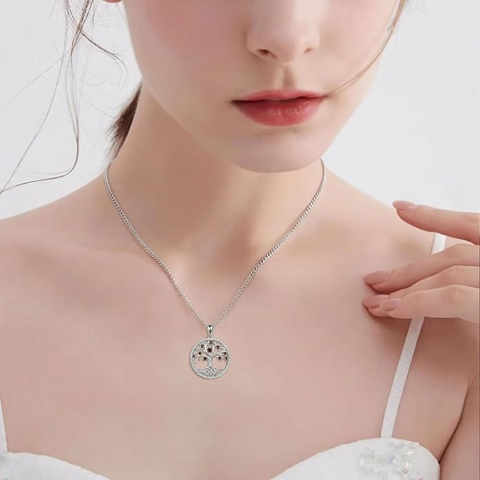 ONEFINITY Tree of Life Necklace 18k White Gold Plated Tree of Life Birthstone Pendant Necklace Birthstone Jewelry Anniversary Birthday Gifts for Women Men