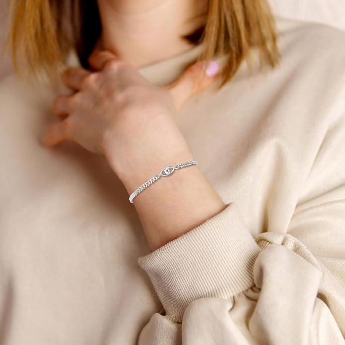 EXPHAIN Evil Eye Bracelet for Women Girl Sterling Silver Cuban Link Curb Chain Bracelets Jewelry Gifts