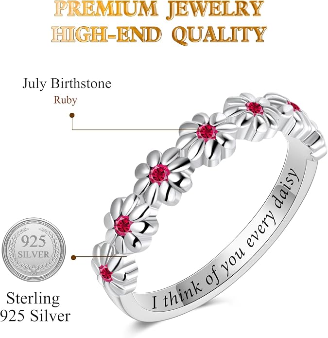 Dainty Daisy Ring for Women, S925 Sterling Silver Cubic Zirconia Sunflower Flower Ring For Daughter, I Think Of You Every Daisy Ring, Birthstone Flower Ring